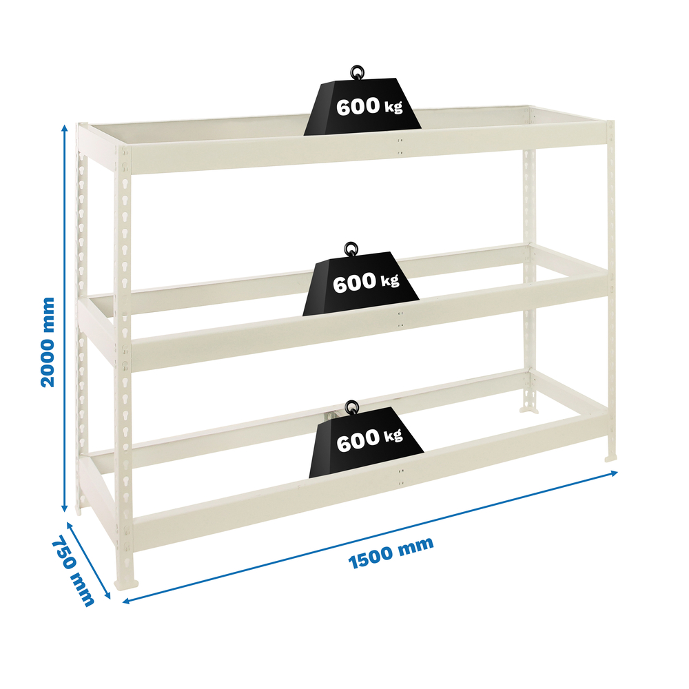 Étagère charge moyenne 500 à 600kg - 2000x1500x750 - 3 niveaux Blanc - SIMON RACK - 8425437152290