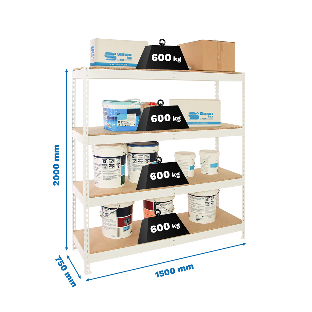 Étagère charge moyenne 500 à 600kg - 2000x1500x750 - 4 niveaux Blanc/Bois - SIMON RACK - 8425437152351