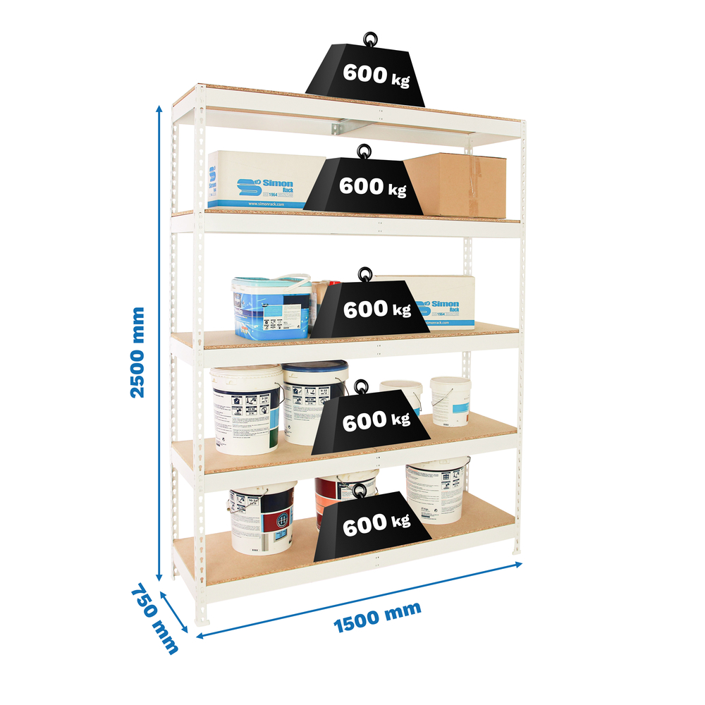 Étagère charge moyenne 500 à 600kg - 2500x1500x750 - 5 niveaux Blanc/Bois - SIMON RACK - 8425437152382
