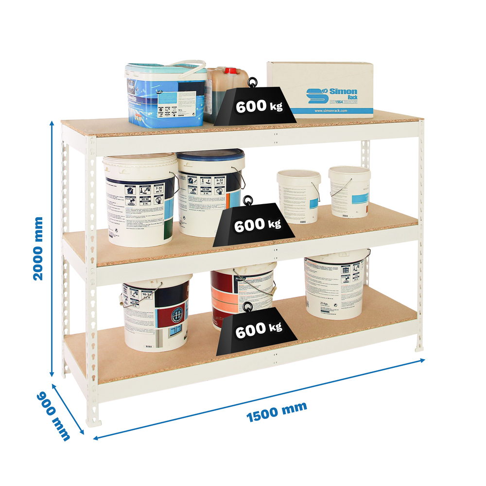Étagère charge moyenne 500 à 600kg - 2000x1500x900 - 3 niveaux Blanc/Bois - SIMON RACK - 8425437152436