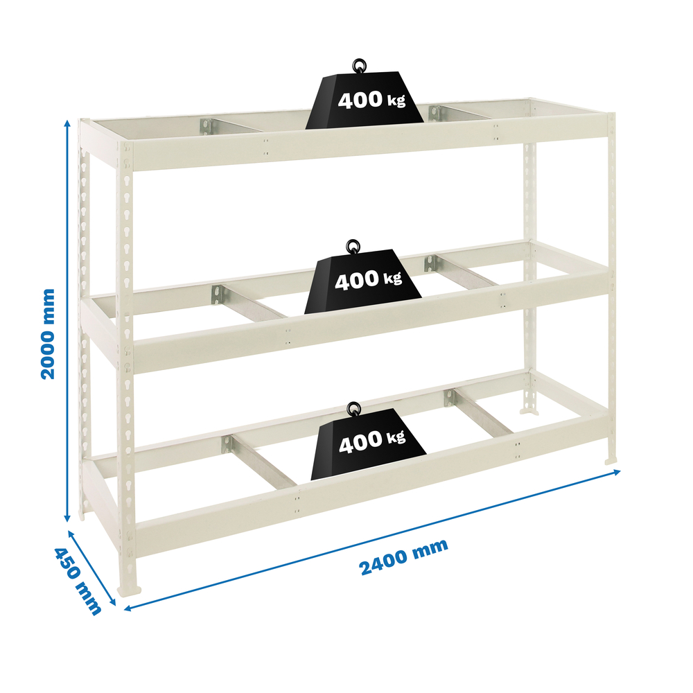 Étagère charge moyenne 500 à 600kg - 2000x2400x450 - 3 niveaux Blanc - SIMON RACK - 8425437153235