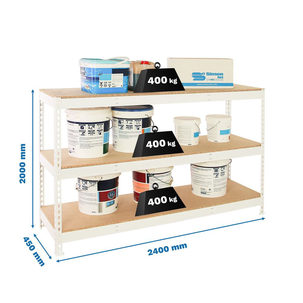 Étagère charge moyenne 500 à 600kg - 2000x2400x450 - 3 niveaux Blanc/Bois - SIMON RACK - 8425437153242