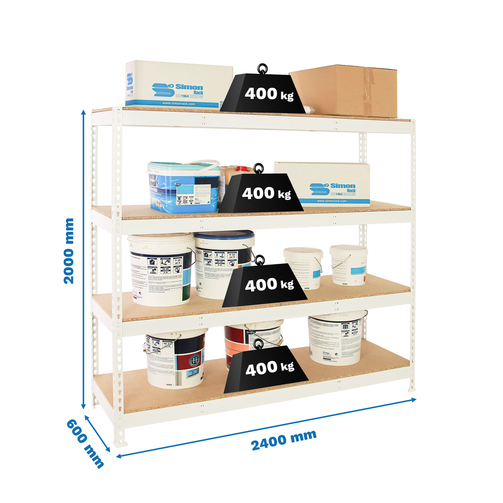 Étagère charge moyenne 500 à 600kg - 2000x2400x600 - 4 niveaux Blanc/Bois - SIMON RACK - 8425437153365