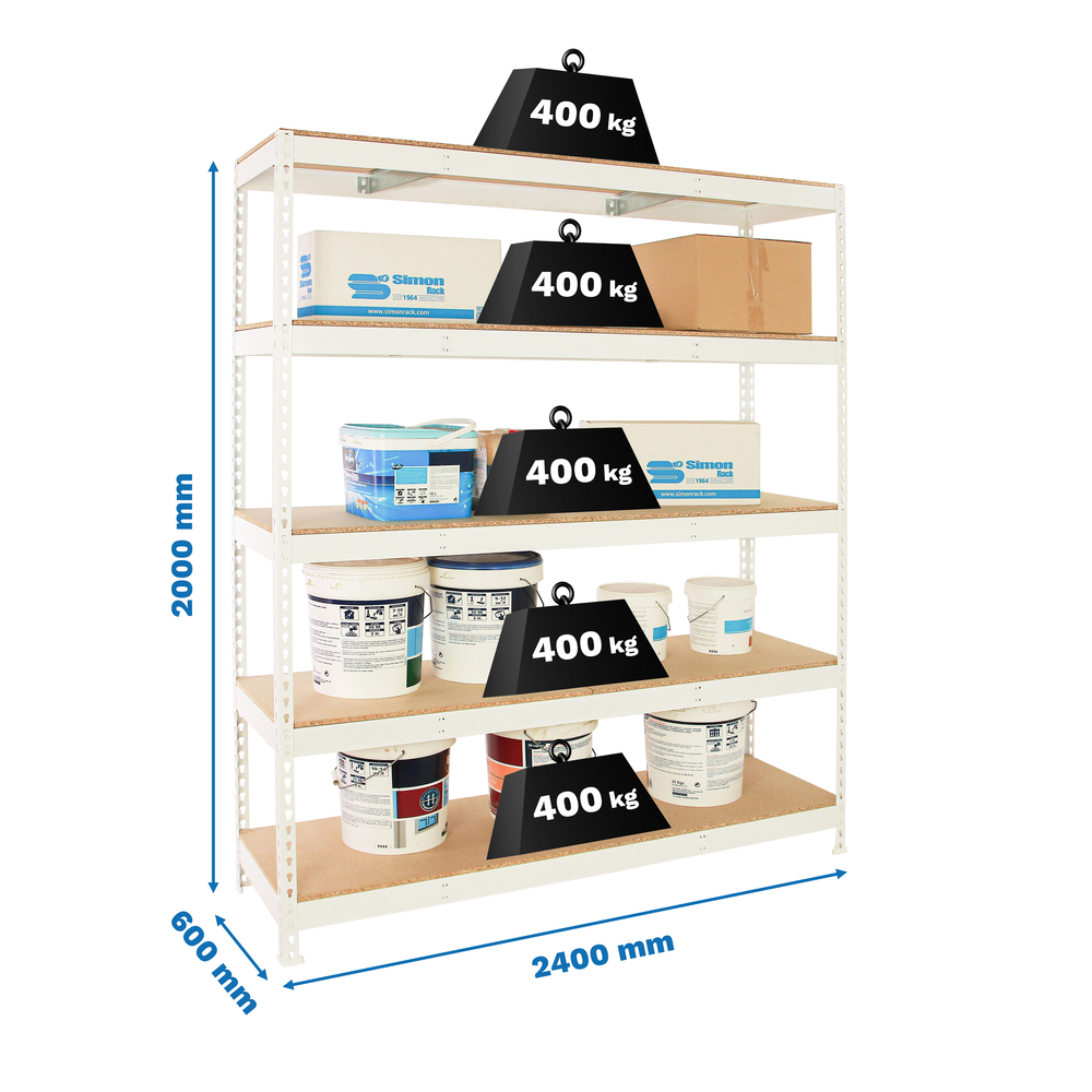 Étagère charge moyenne 500 à 600kg - 2000x2400x600 - 5 niveaux Blanc/Bois - SIMON RACK - 8425437153396