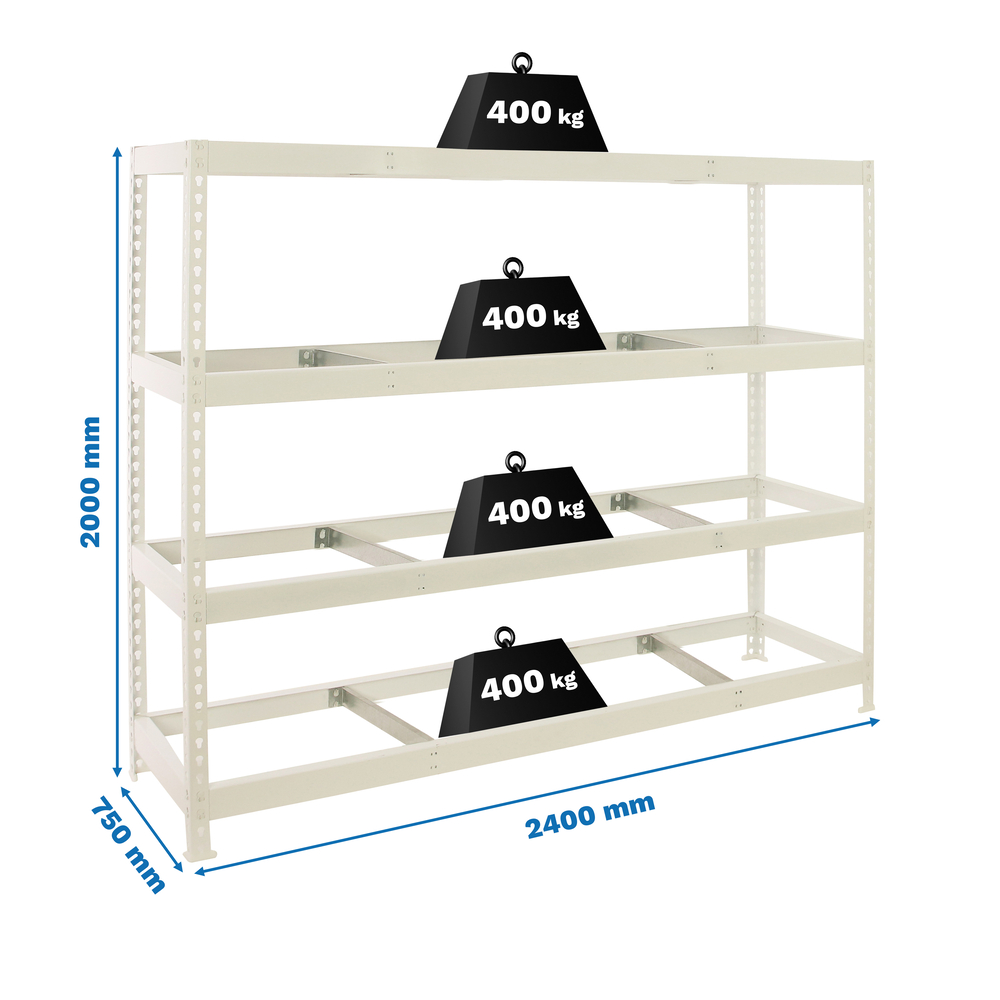 Étagère charge moyenne 500 à 600kg - 2000x2400x750 - 4 niveaux Blanc - SIMON RACK - 8425437153440