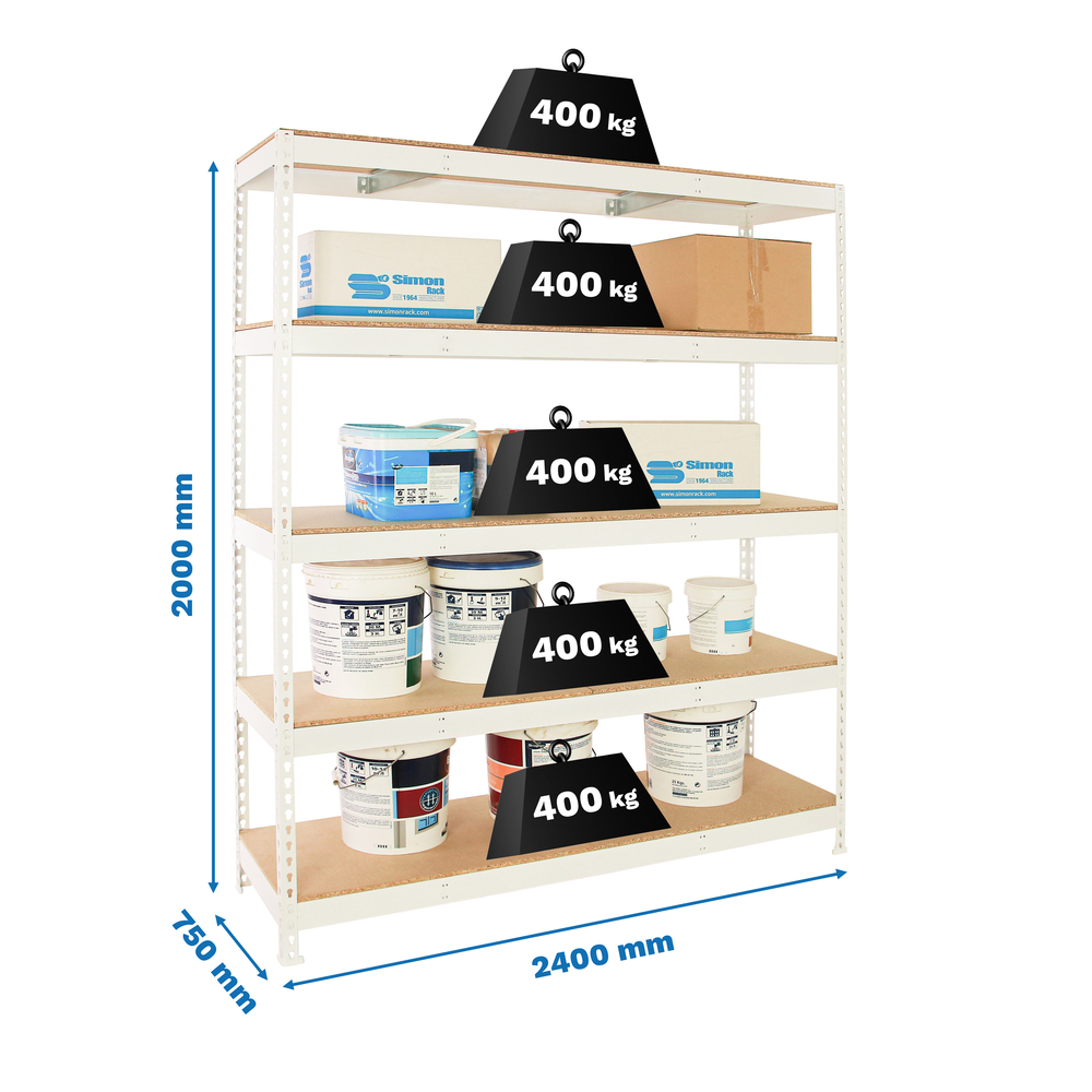 Étagère charge moyenne 500 à 600kg - 2000x2400x750 - 5 niveaux Blanc/Bois - SIMON RACK - 8425437153488