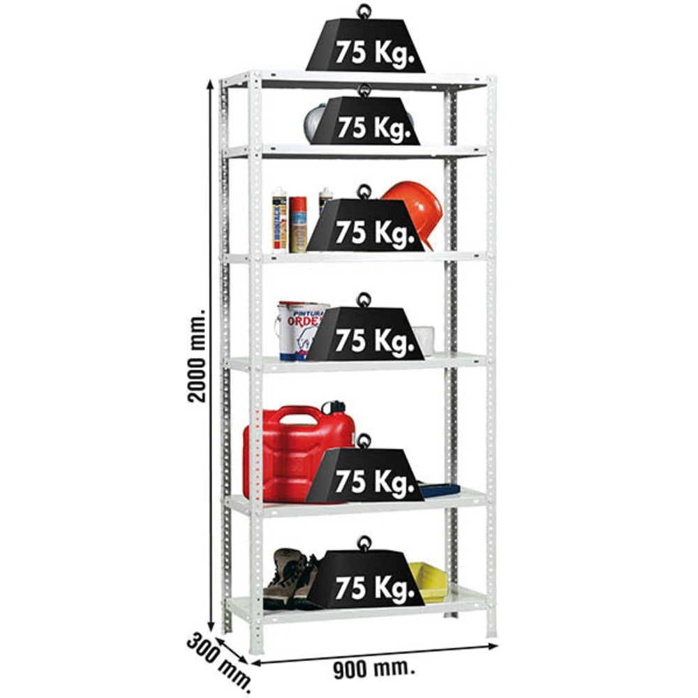 Rayonnage métallique léger à vis 2000x900x300 - 6 niveaux Blanc - SIMON RACK - 8425437180064