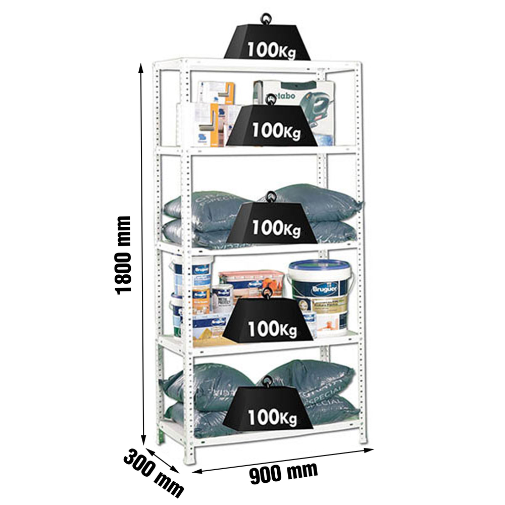 Rayonnage métallique léger à vis 1800x900x300 - 5 niveaux Blanc - SIMON RACK - 8425437180309