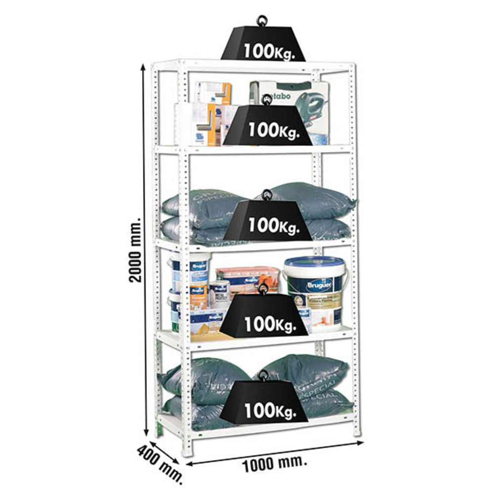 Rayonnage métallique léger à vis 2000x1000x400 - 5 niveaux Blanc - SIMON RACK - 8425437907340