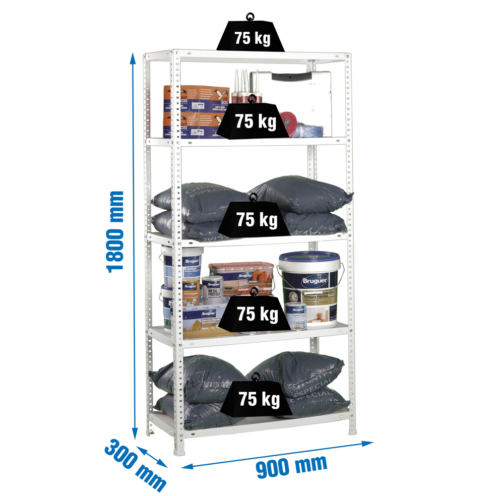 Rayonnage métallique léger à vis 1800x900x300 - 5 niveaux Blanc - SIMON RACK - 8425437998072