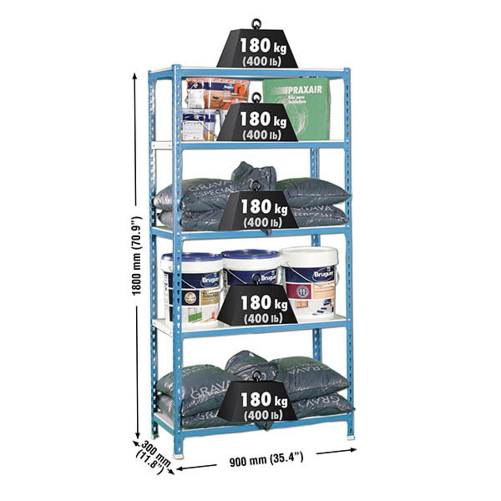 Rayonnage métallique léger sans vis 1800x900x300 - 5 niveaux Bleu/Blanc - SIMON RACK - 8435104907290