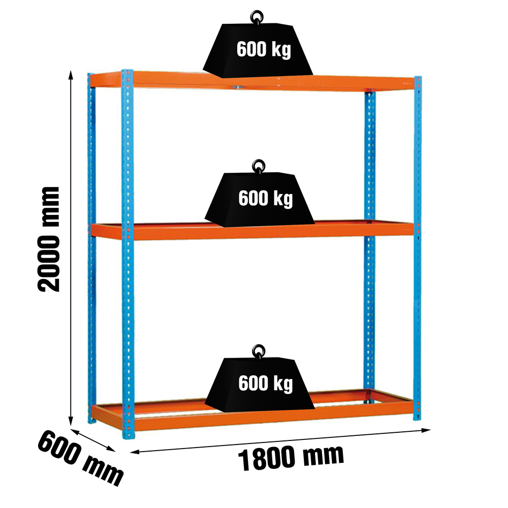 Étagère charge moyenne 500 à 600kg - 2000x1800x600 - 3 niveaux Bleu/Orange - SIMON RACK - 8435104907443