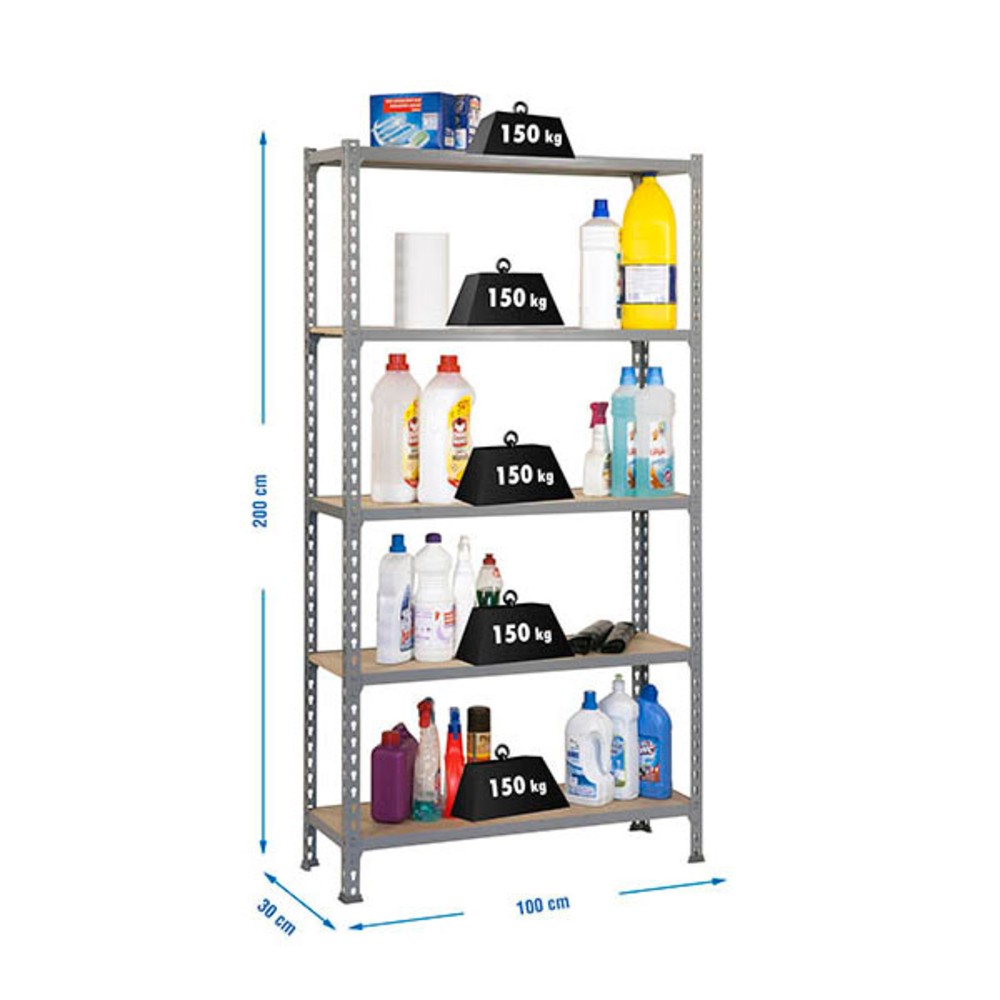 Rayonnage bois-métal léger sans vis 2000x1000x300 - 5 niveaux Gris/Bois - SIMON RACK - 8435104907474