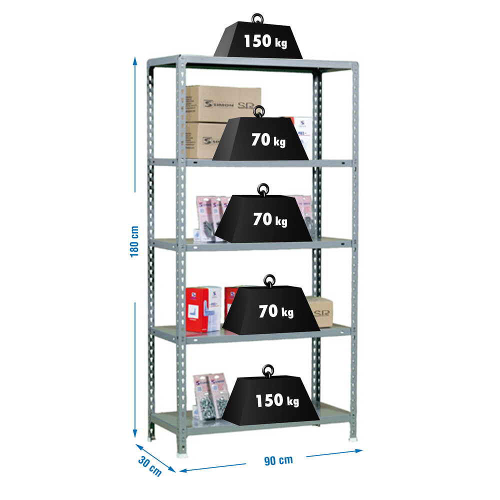 Étagère en kit charge légère sans vis 1800x900x300 - 5 niveaux Gris - SIMON RACK - 8435104907658