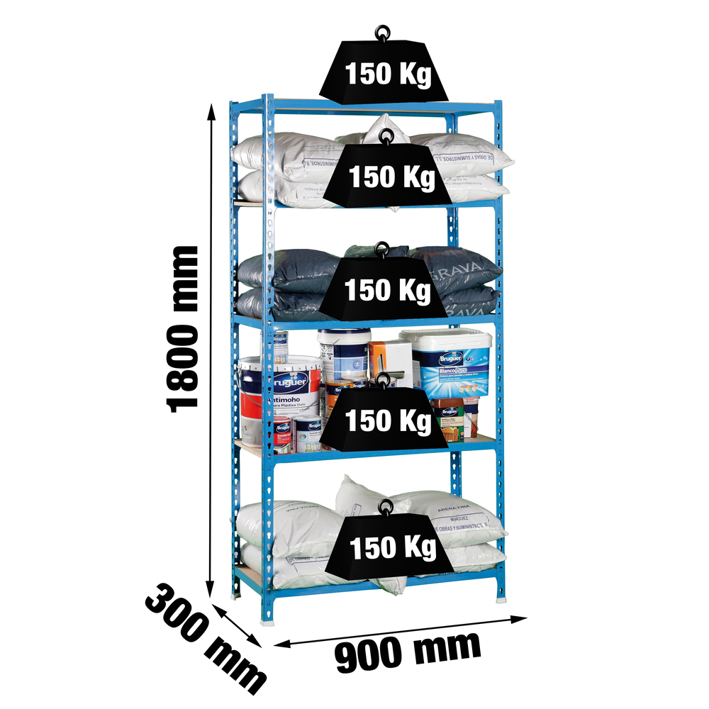 Rayonnage bois-métal léger sans vis 1800x900x300 - 5 niveaux Bleu/Bois - SIMON RACK - 8435104907832
