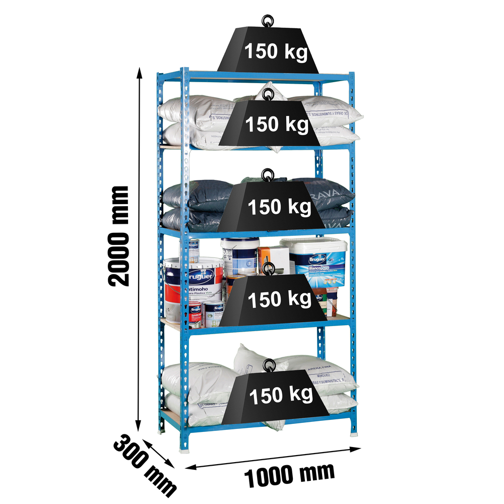 Rayonnage bois-métal léger sans vis 2000x1000x300 - 5 niveaux Bleu/Bois - SIMON RACK - 8435104907856