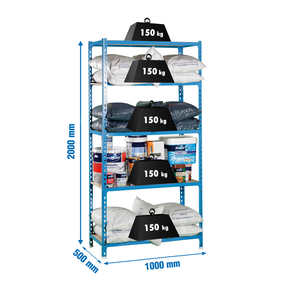 Rayonnage bois-métal léger sans vis 2000x1000x500 - 5 niveaux Bleu/Bois - SIMON RACK - 8435104908082