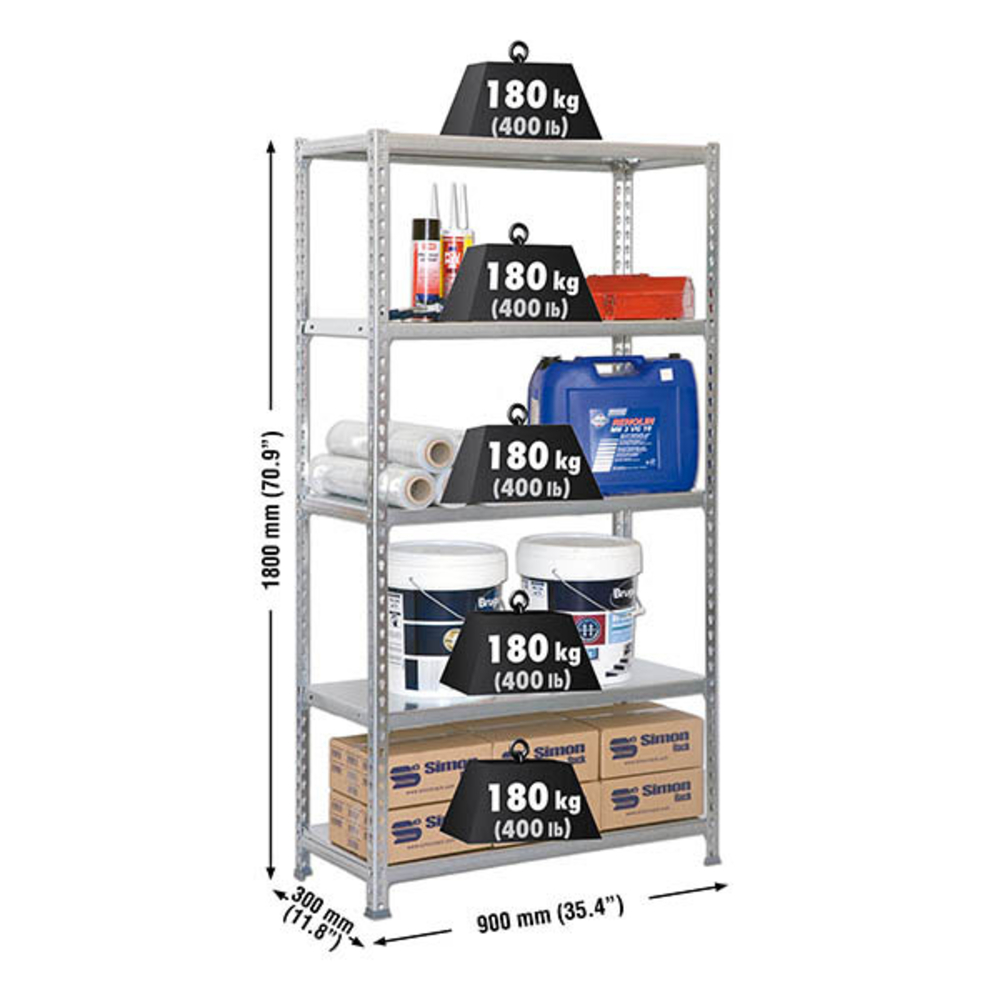 Rayonnage métallique léger sans vis 1800x900x300 - 5 niveaux Galvanisé - SIMON RACK - 8435104910689