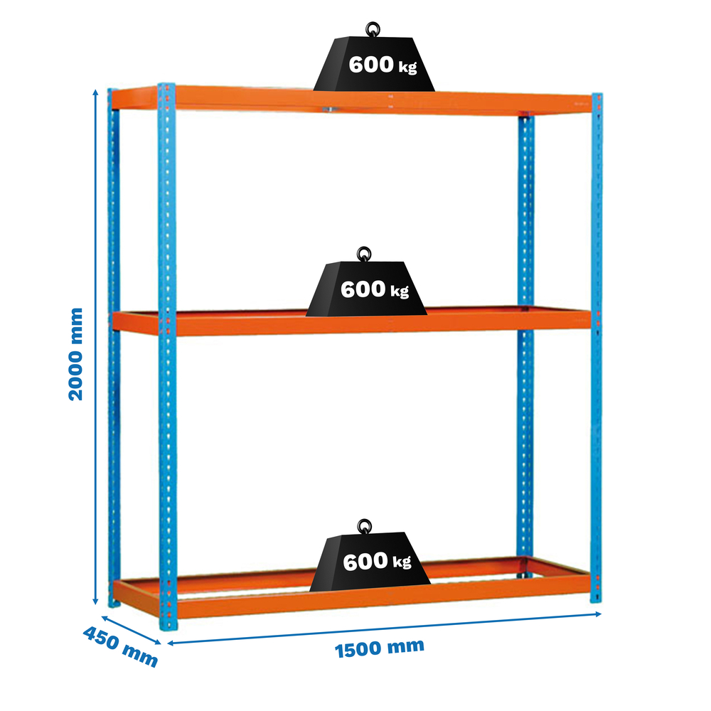 Étagère charge moyenne 500 à 600kg - 2000x1500x450 - 3 niveaux Bleu/Orange - SIMON RACK - 8435104911259