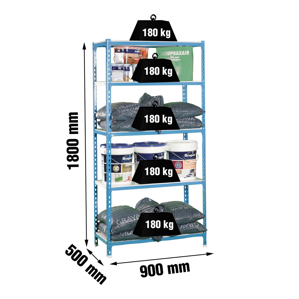 Rayonnage métallique léger sans vis 1800x900x500 - 5 niveaux Bleu/Blanc - SIMON RACK - 8435104912584