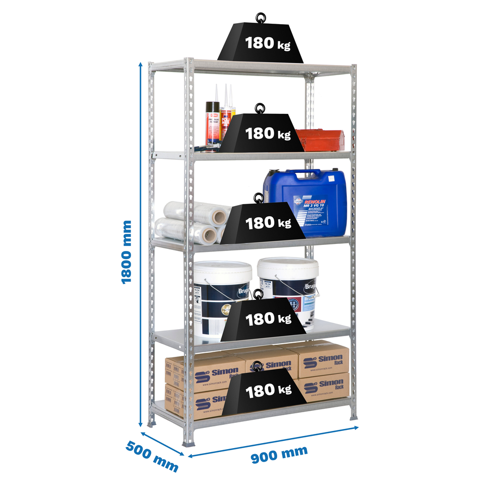 Rayonnage métallique léger sans vis 1800x900x500 - 5 niveaux Gris - SIMON RACK - 8435104912591