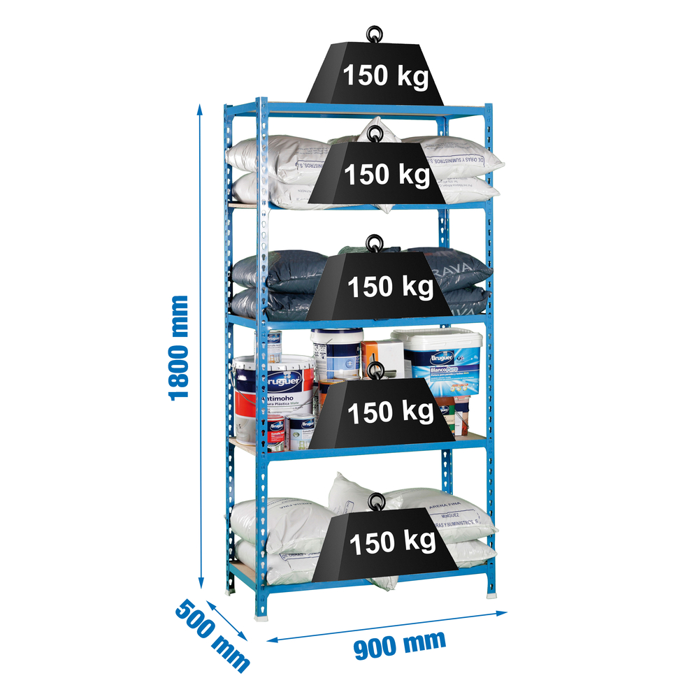 Rayonnage bois-métal léger sans vis 1800x900x500 - 5 niveaux Bleu/Bois - SIMON RACK - 8435104912614