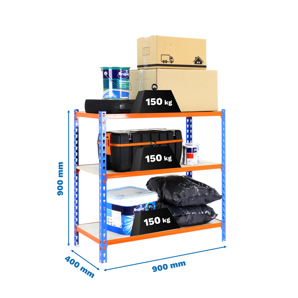 Rayonnage bois-métal léger sans vis 900x900x400 - 3 niveaux Bleu/Orange/Bois - SIMON RACK - 8435104912751