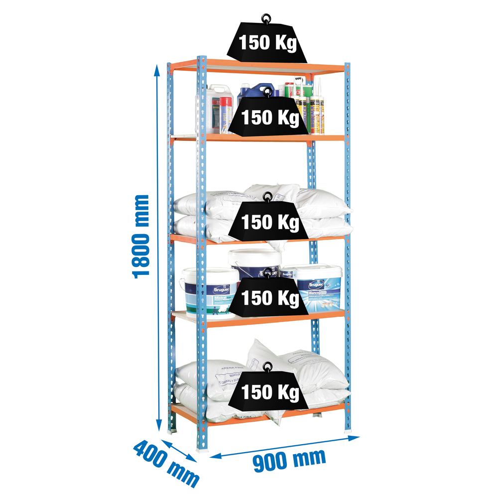 Rayonnage bois-métal léger sans vis 1800x900x400 - 5 niveaux Bleu/Orange/Bois - SIMON RACK - 8435104912775