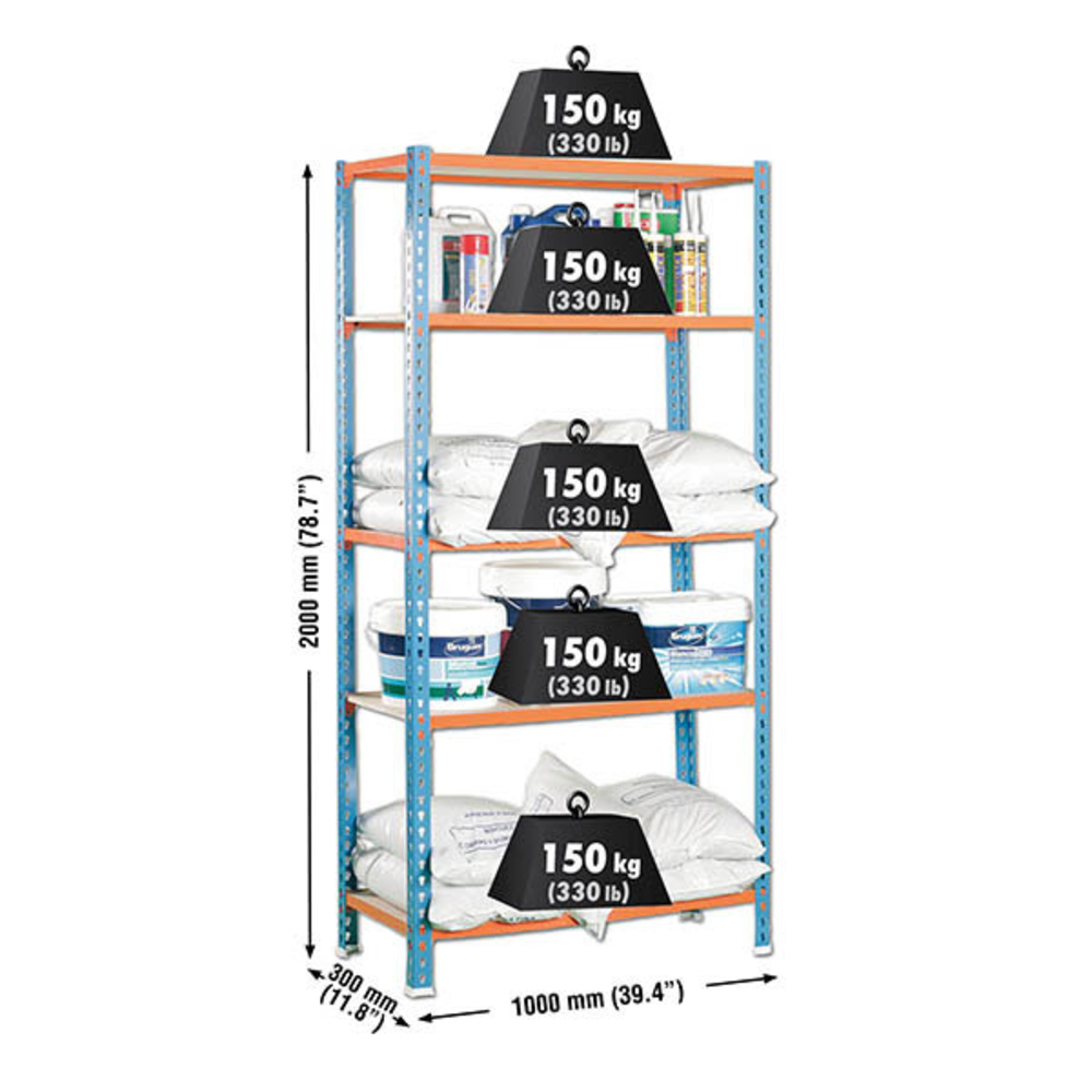 Rayonnage bois-métal léger sans vis 2000x1000x300 - 5 niveaux Bleu/Orange/Bois - SIMON RACK - 8435104912799
