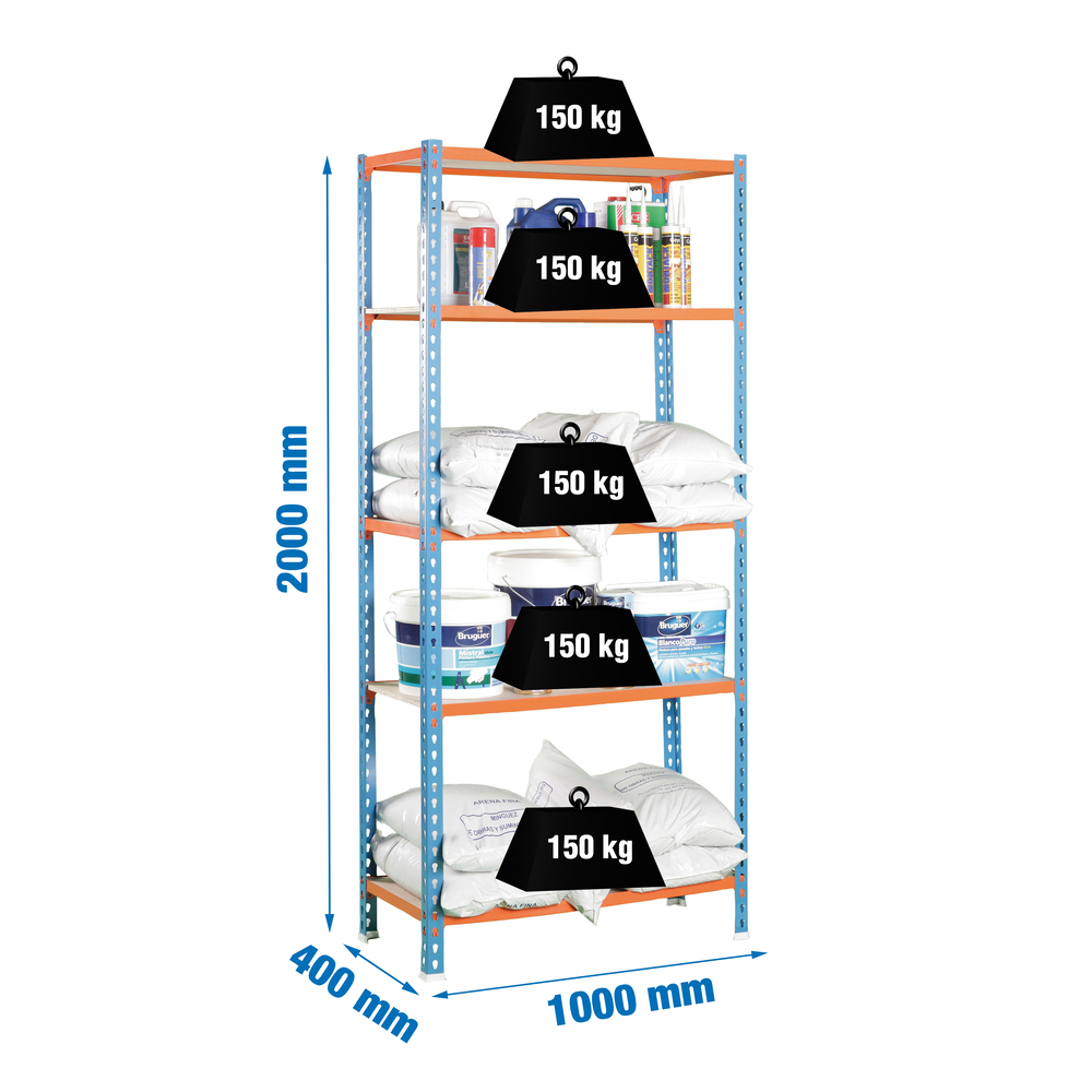 Rayonnage bois-métal léger sans vis 2000x1000x400 - 5 niveaux Bleu/Orange/Bois - SIMON RACK - 8435104912805