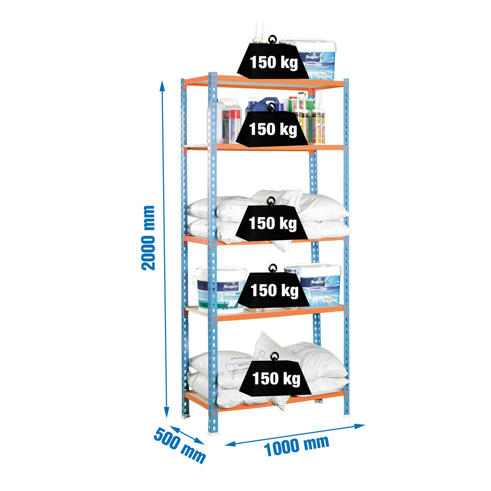Rayonnage bois-métal léger sans vis 2000x1000x500 - 5 niveaux Bleu/Orange/Bois - SIMON RACK - 8435104912812