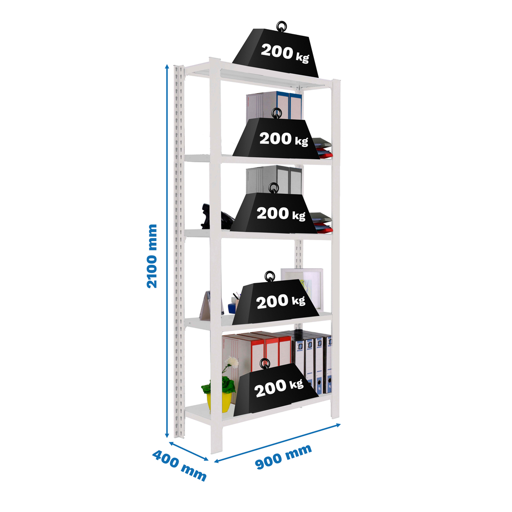 Rayonnage de bureau charge légère sans vis 2100x900x400 - 5 niveaux Blanc - SIMON RACK - 8435104914243