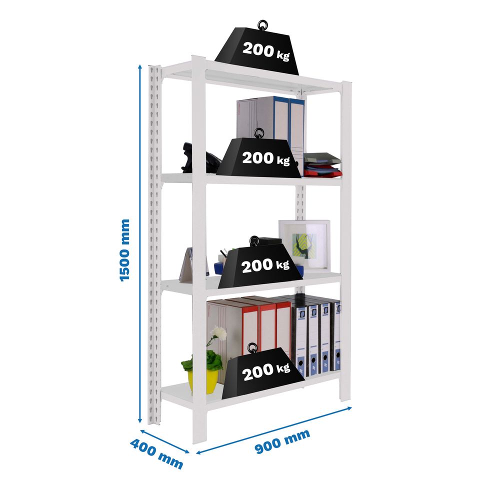 Rayonnage de bureau charge légère sans vis 1500x900x400 - 4 niveaux Blanc - SIMON RACK - 8435104914281