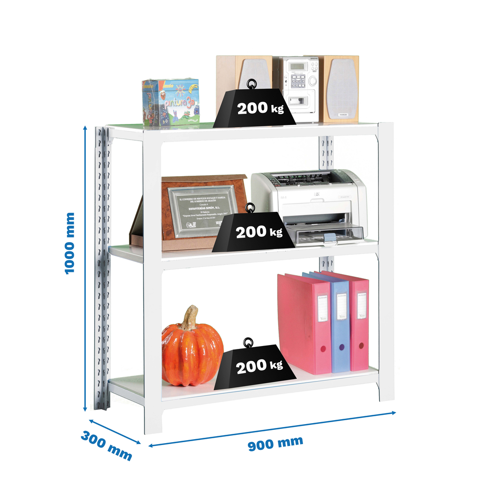 Rayonnage de bureau charge légère sans vis 1000x900x300 - 3 niveaux Blanc - SIMON RACK - 8435104914342