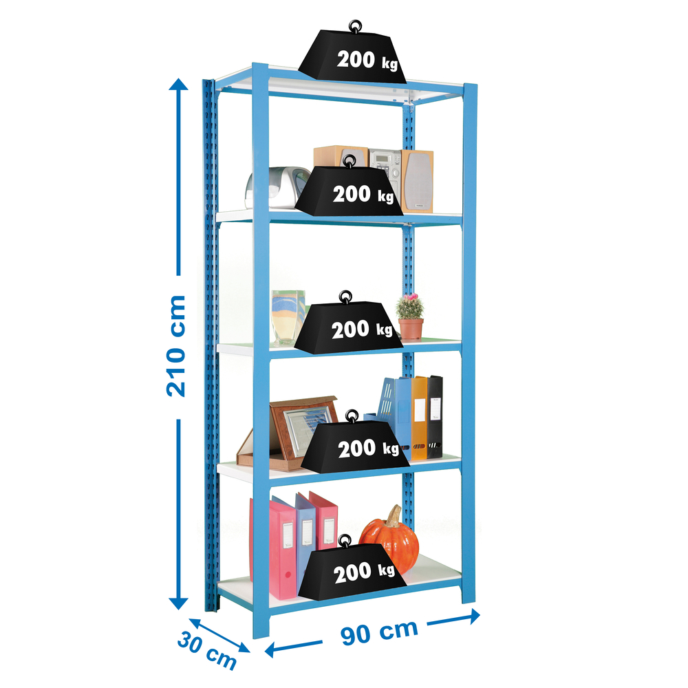Rayonnage de bureau charge légère sans vis 2100x900x300 - 5 niveaux Bleu/Blanc - SIMON RACK - 8435104916124