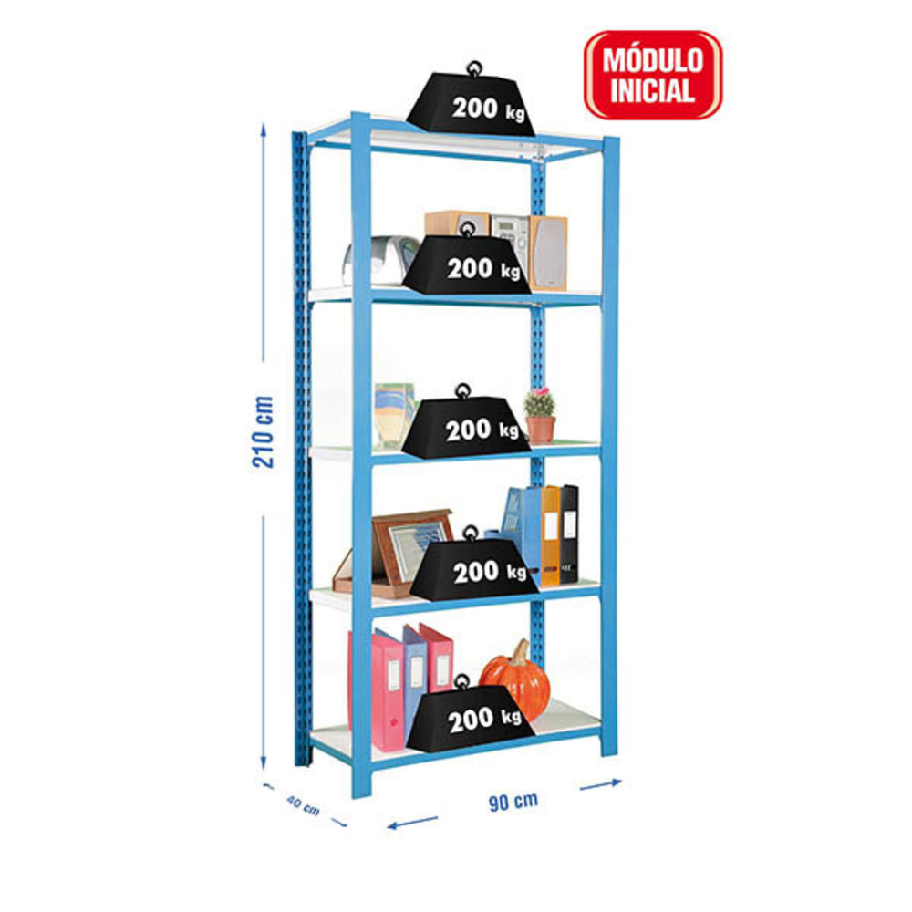 Rayonnage de bureau charge légère sans vis 2100x900x400 - 5 niveaux Bleu/Blanc - SIMON RACK - 8435104916261