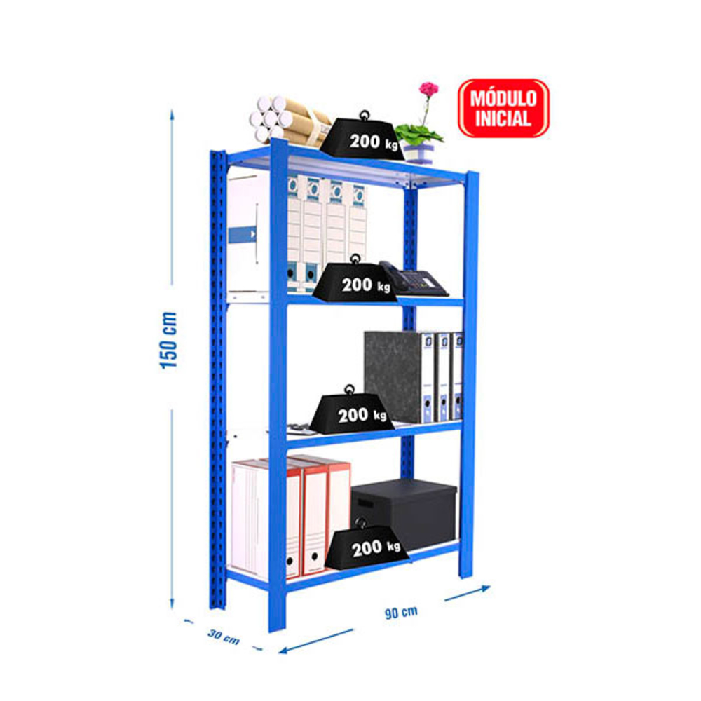 Rayonnage de bureau charge légère sans vis 1500x900x300 - 4 niveaux Bleu/Blanc - SIMON RACK - 8435104916407