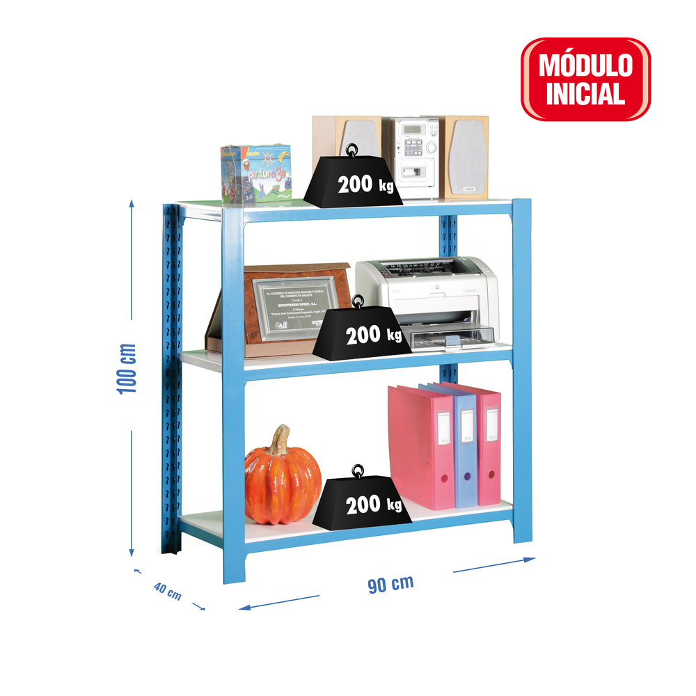 Rayonnage de bureau charge légère sans vis 1000x900x400 - 3 niveaux Bleu/Blanc - SIMON RACK - 8435104916827