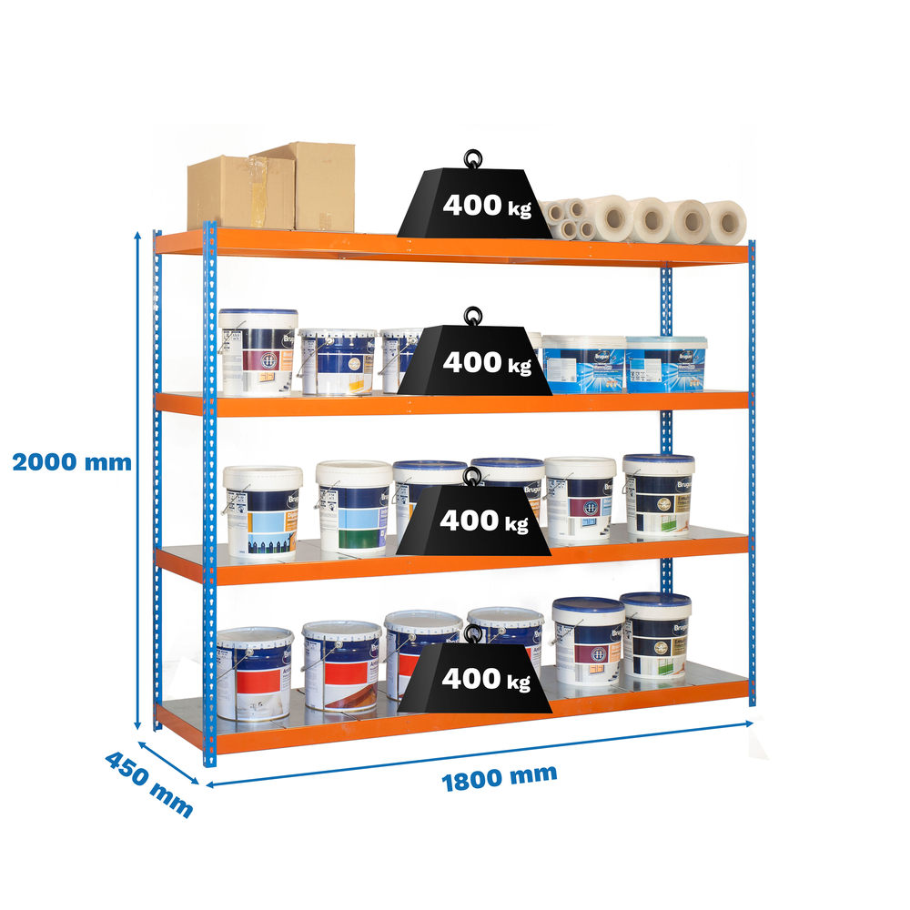 Étagère charge moyenne 400kg - 2000x1800x450 - 4 niveaux Bleu/Orange - SIMON RACK - 8435104918692