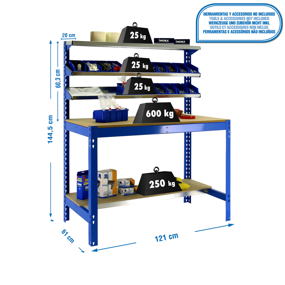 Kit établi Bricolage - 1445x1210x610 - 5 niveaux Bleu/Bois - SIMON RACK - 8435104919620
