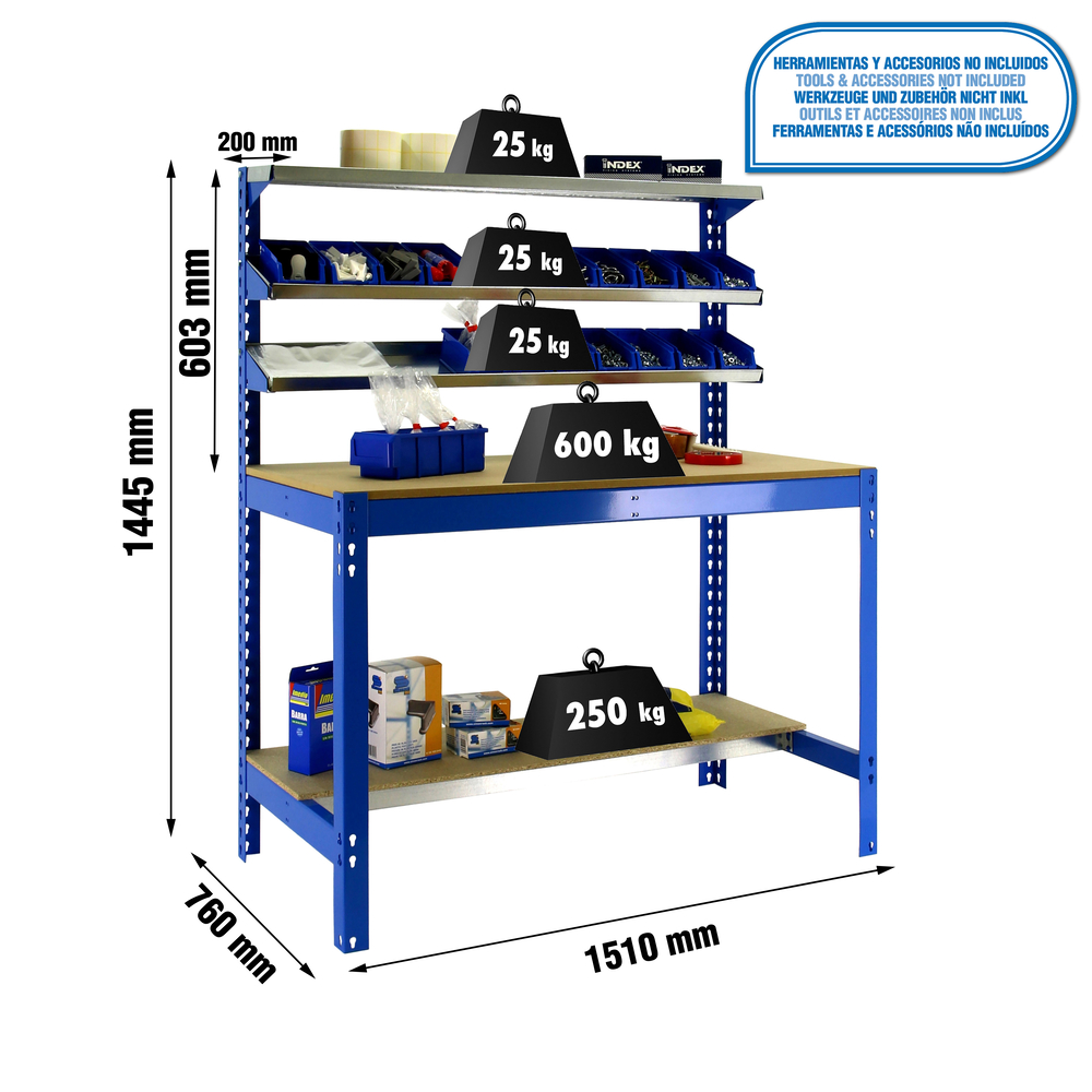 Kit établi Bricolage - 1445x1510x760 - 5 niveaux Bleu/Bois - SIMON RACK - 8435104919637
