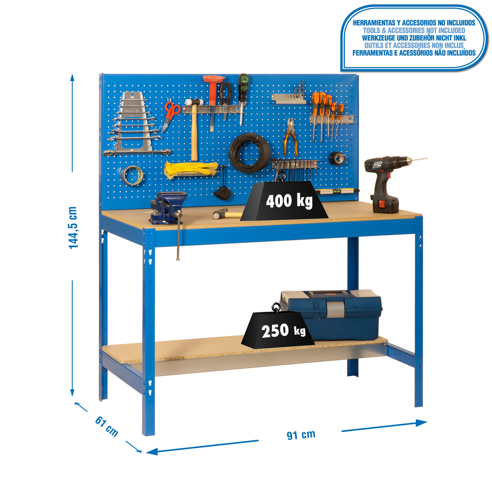 Kit établi Bricolage - 1445x910x610 - 2 niveaux Bleu/Bois - SIMON RACK - 8435104919651