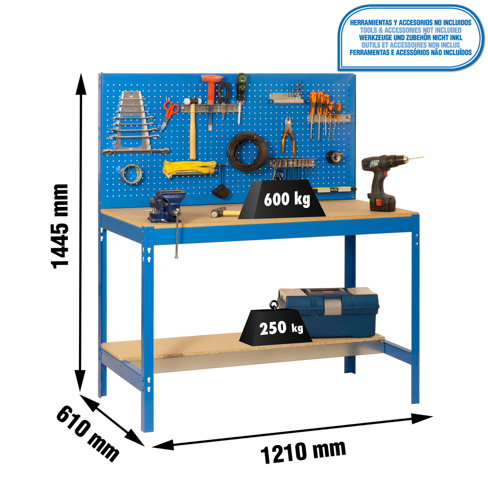 Kit établi Bricolage - 1445x1210x610 - 2 niveaux Bleu/Bois - SIMON RACK - 8435104919682