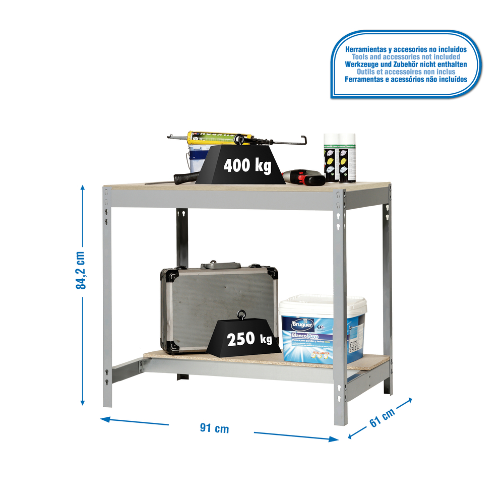 Kit établi Bricolage - 842x910x610 - 2 niveaux Gris/Bois - SIMON RACK - 8435104919705