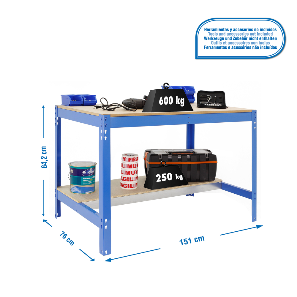 Kit établi Bricolage - 842x1510x760 - 2 niveaux Bleu/Bois - SIMON RACK - 8435104919750