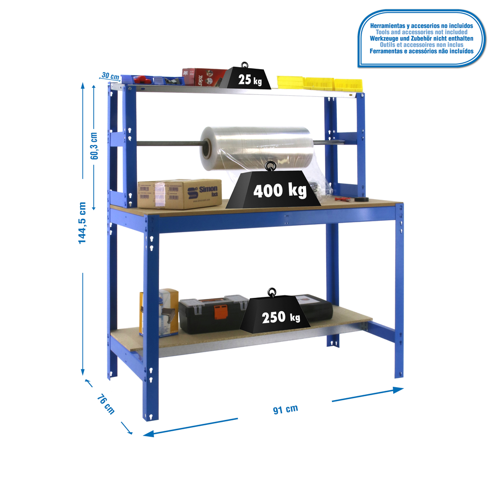 Kit établi Bricolage - 1445x910x760 - 3 niveaux Bleu/Bois - SIMON RACK - 8435104919774