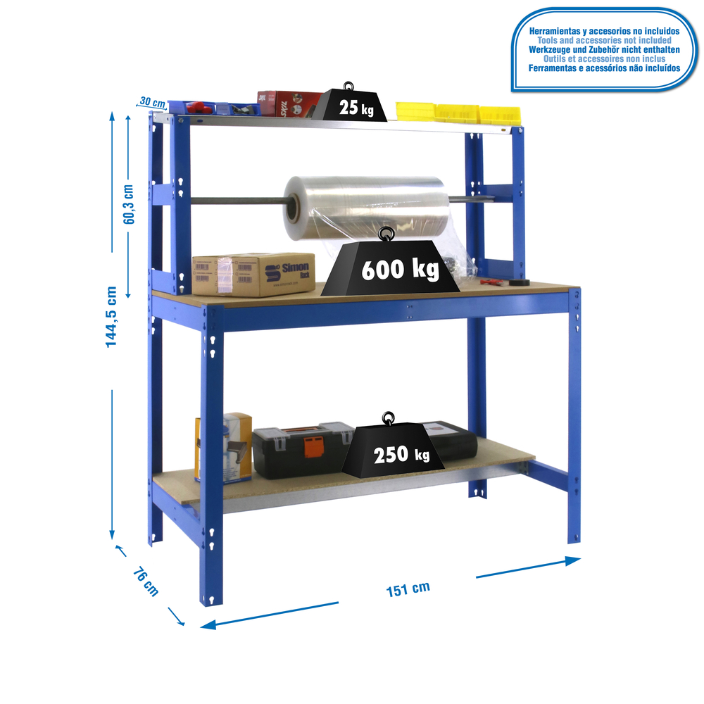 Kit établi Bricolage - 1445x1510x760 - 3 niveaux Bleu/Bois - SIMON RACK - 8435104919811