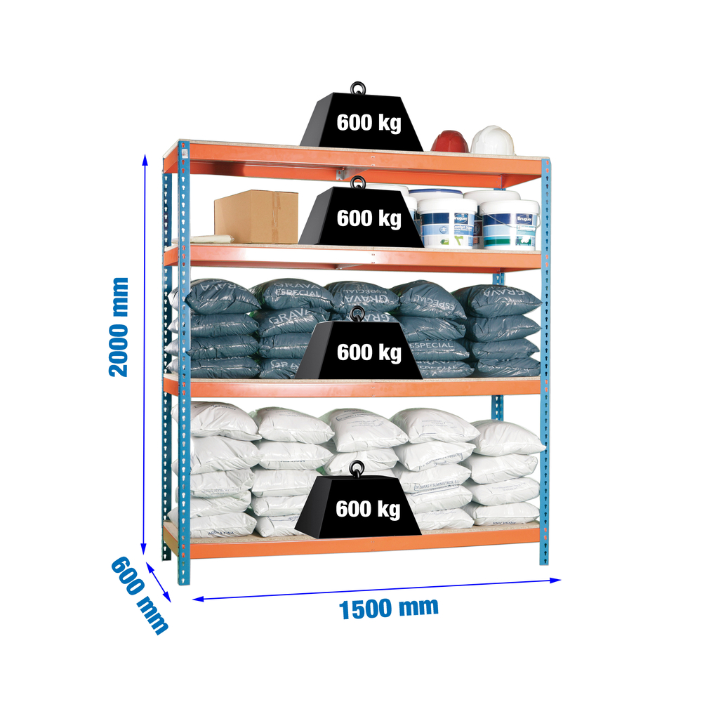 Étagère charge moyenne 500 à 600kg - 2000x1500x600 - 4 niveaux Bleu/Orange/Bois - SIMON RACK - 8435104920909