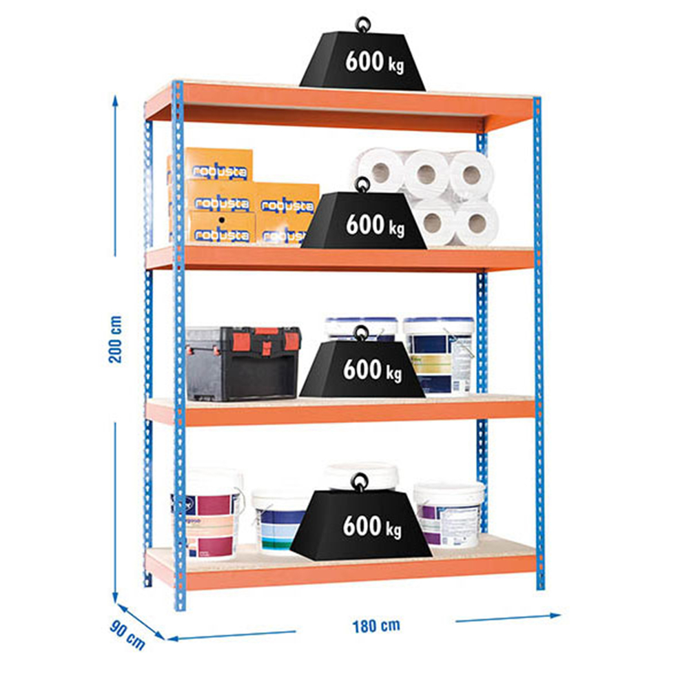 Étagère charge moyenne 500 à 600kg - 2000x1800x900 - 4 niveaux Bleu/Orange/Bois - SIMON RACK - 8435104920961
