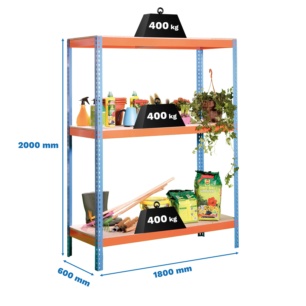 Étagère charge moyenne 400kg - 2000x1800x600 - 3 niveaux Bleu/Orange - SIMON RACK - 8435104921531